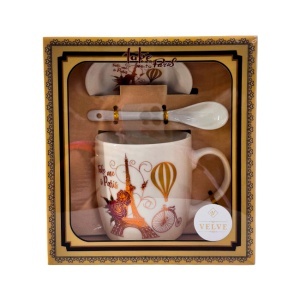 Set cana ceramica, farfurie si lingurita, Take me to Paris, ambalata in punga cu fereastra, 200ml