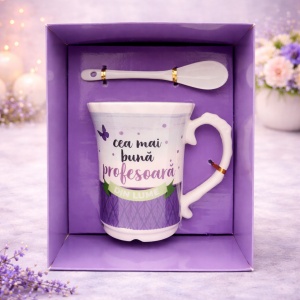 Set cana ceramica si lingurita, cu mesaj " Cea mai buna profesoara din lume " - Img 2