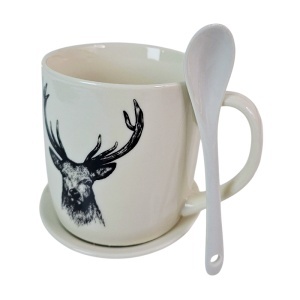 Set cana din ceramica 300 ml cu lingurita si farfurie, model cerb, ambalat in cutie eleganta - Img 5