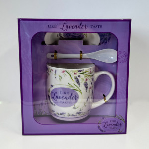 Set cana din ceramica Energy Mug, 300ml, cu lingurita si farfurie din ceramica, imprimata floral, in cutie eleganta, Lavender Taste