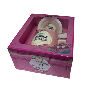 Set cana din ceramica pentru ceai, Energy Mug, 300ml, cu lingurita si farfurie din ceramica, imprimata floral, in cutie eleganta, Beautiful Smile - Img 5