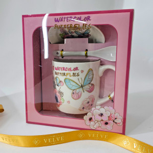 Set cana din ceramica pentru ceai, Energy Mug, 300ml, cu lingurita si farfurie din ceramica, imprimata floral, in cutie eleganta, WaterColor Butterflies Blue 3