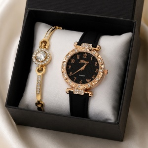 Set ceas dama cu cristale si bratara asortata, Negru-Rose Gold - Img 4
