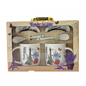 Set ceramic, LOVE Paris, doua cani imprimate cu Turnul Eiffel si butoias lavanda, 350ml, doua lingurite ceramice si farfurii asortate, in cutie eleganta, Bej 3