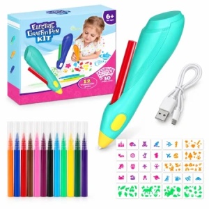 Set creativ cu aerograf electric pentru copii, 12 markere si 30 sabloane, reincarcabil USB, 6+ ani