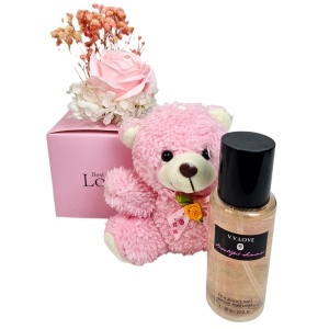 Set cu ursulet de plus, trandafir roz pal de sapun, gypsophila criogenata si Shine Body Mist 90 ml - Img 5