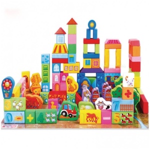Set cuburi educative din lemn Farm Animals Blocks, 100 piese, cu animale de ferma, Multicolor, 3 ani+ - Img 2