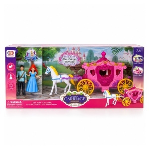 Set de joaca Fashion Carriage cu caleasca, cal, print si printesa, lumini si muzica, 3+ ani