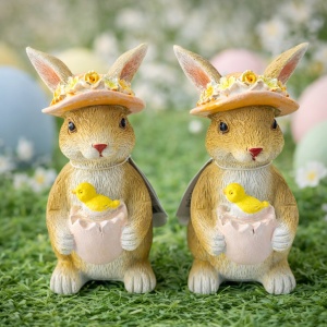 Set decoratiuni de Paste Bunny Duo, 2 iepurasi cu puisori in brate, 11x5 cm
