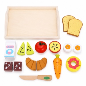 Set din lemn pentru copii, cu alimente si accesorii pentru feliat, 11 piese, Multicolor, 3 ani+ - Img 5