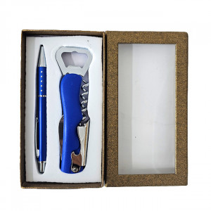 Set doua piese practice cu pix metalic si deschizator sticle cu tirbuson, in cutie aurie cu fereastra, Albastru 3