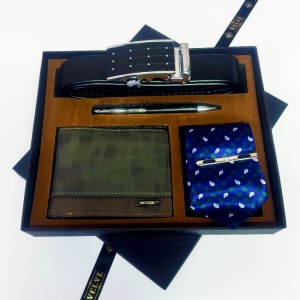 Set elegant pentru barbati Grand Touch, caseta cu portofel, pix metalic asortat, curea din piele ecologica si cravata eleganta, Multicolor