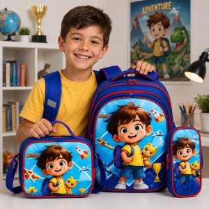 Set ghiozdan baieti pentru scoala 3 piese cu baiat si dinozaur, 42 x 33 cm - Img 2