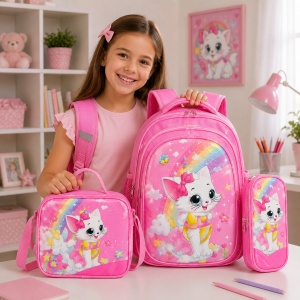 Set ghiozdan fete pentru scoala 3 piese cu pisicuta si curcubeu, 42 x 33 cm - Img 2