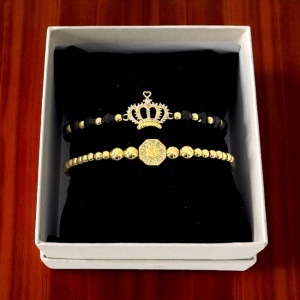 Set Glow, doua bratari unisex, cu bile din inox si cristale de zirconiu, in cutie cadou - Img 2