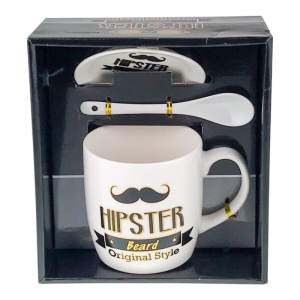 Set Hipster Beard, cana din ceramica cu lingurita si capac