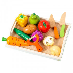 Set Montessori 12 Piese, Tavita cu legume si fructe de taiat, din lemn - Img 3