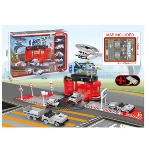 Set parcare pompieri copii cu masini, elicopter si harta, 37 piese, jucarie 3+ ani - Img 2