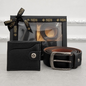 Set pentru barbati All-in-One Executive Black Edition, cu portofel vertical, portofel de buzunar cu clapeta si curea din piele eco - Img 3