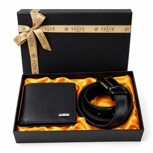 Set pentru barbati Essential Black cu portofel si curea neagra din piele eco, in cutie eleganta