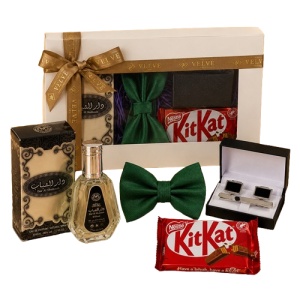 Set pentru barbati Forest Velvet Edition cu parfum arabesc Dar Al Shabaab, papion verde inchis, butoni, ac de cravata si ciocolata