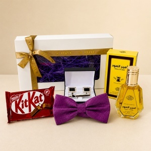 Set pentru barbati Imperial Violet Edition cu parfum arabesc Ameer Al Oudh 50 ml, papion mov, butoni, ac de cravata si ciocolata - Img 6