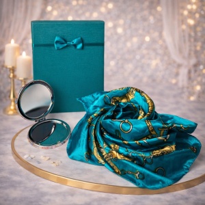 Set pentru femei, cu esarfa eleganta satinata si oglinda, in cutie eleganta, turcoaz-auriu