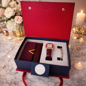 Set pentru femei JESOU COLLECTION, caseta cu ceas, portofel si bratara, Burgundy