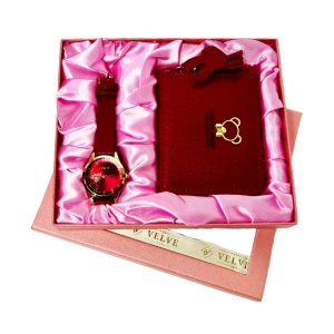 Set pentru femei JESOU COLLECTION, cutie cu doua articole practice, ceas dama si portofel, Rosu inchis