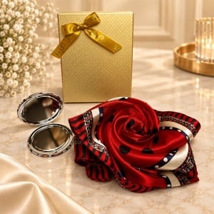 Set pentru femei Satin Glow cu esarfa satinata 50x50 cm si oglinda compacta, in cutie eleganta, rosu-negru cu imprimeu geometric - Img 4