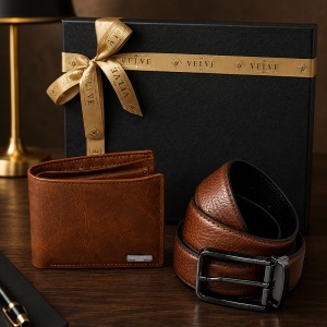Set premium pentru barbati Essential Brown cu portofel si curea maro din piele eco, in cutie eleganta - Img 4