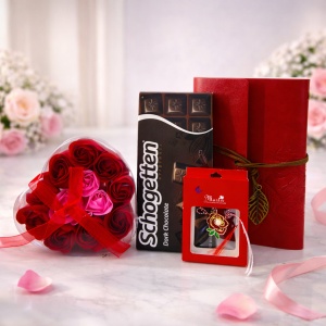 Set Red Romance, trandafiri din sapun in cutie inima, ciocolata Schogetten si jurnal elegant rosu