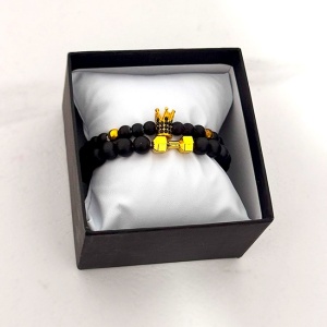 Set Royal pentru barbati, doua bratari cu pietre semipretioase si cristale zirconiu, ambalate in cutie neagra cu pernuta, Negru/Gold - Img 5