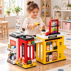Set Supermarket pentru copii, 65 piese, casa de marcat, scaner, lumini si sunete, multicolor, 3+ ani - Img 3