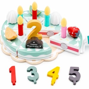 Set tort aniversar din lemn Kabi cu felii, lumanari si cifre, multicolor, 3+ ani - Img 3