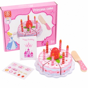 Set tort aniversar din lemn Princess Cake cu capsuna si lumanari, 3+ ani