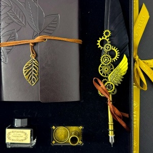 Set Vintage Spark, cu agenda-jurnal neagra, stilou cu pana neagra, suport si calimara - Img 3