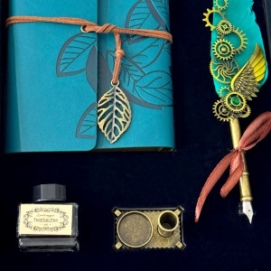 Set Vintage Spark, cu agenda/jurnal, stilou cu pana, calimara cu cerneala si suport pentru stilou, Turcoaz - Img 4