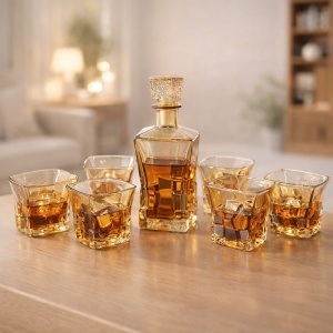 Set whisky Amber Cube cu decantor si 6 pahare fumurii, design modern, in cutie eleganta