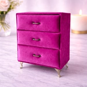 Suport bijuterii sub forma de dulap cu 3 sertare fucsia, 20x15cm