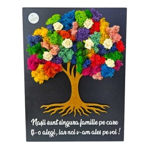 Tablou decorativ Copacul Vietii cu licheni naturali multicolori si mesaj pentru nasi 30x40 cm