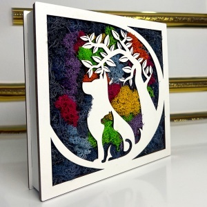 Tablou decorativ cu licheni stabilizați, siluete de pisici și Copacul Vieții, 20x20 cm, Multicolor - Img 3
