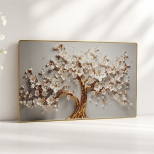 Tablou decorativ modern Copac Inflorit 3D in relief, cu flori albe si cristale, rama aurie, 60x40 cm - Img 4