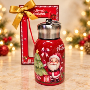 Termos inox de Craciun, model Mos Craciun si brad, 300 ml, in cutie cadou, Rosu