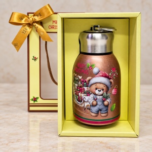 Termos inox de Craciun, model Ursulet cu cadouri, 300 ml, in cutie cadou, Cupru - Img 6
