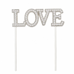 Topper decorativ LOVE cu strasuri si perle albe, argintiu