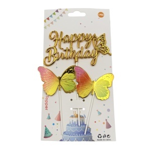Topper Happy Birthday cu fluturi decorativi, auriu - Img 2