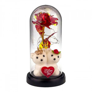 Trandafir artizanal cu LED, in cupola din sticla, cu design tematic "I love You" si ursuleti catifelati, Rosu, 11X21