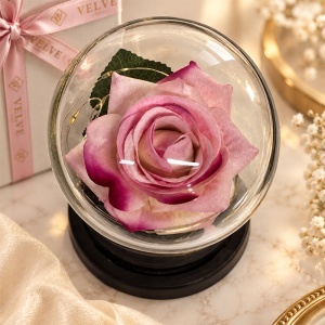 Trandafir decorativ cu LED, in cupola transparenta, 20 cm, in cutie cadou, Roz - Img 3