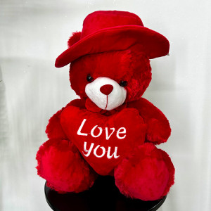 Ursulet de plus cu palarie Sparkle, cu inimioara si mesaj de iubire, Inaltime 25 cm, Rosu - Img 4